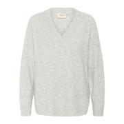 Grijs Melange V-Neck Pullover Sweater Cream , Gray , Dames