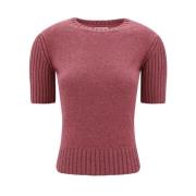 Korte Mouw Cashmere Sweater met Geribbelde Ronde Hals Khaite , Pink , ...