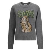 Grafische Ronde Hals Sweater Grijs Ganni , Gray , Dames