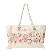 Canvas Shopper Tas met Rafelranden Twinset , Beige , Dames