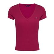 Rode V-hals katoenen T-shirt Tommy Jeans , Red , Dames