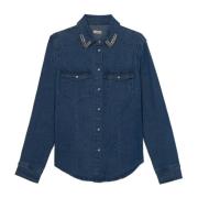 Denim shirt met drukknopen Oltre , Blue , Dames