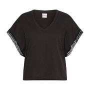 Zwarte Vrouwelijke Tee met Geborduurde Randen Ichi , Black , Dames