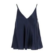 Blauwe Zijden V-hals Top met Dunne Bandjes Semicouture , Blue , Dames