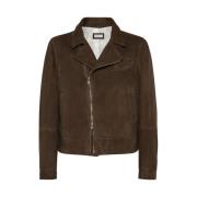 Bruin Leren Jas Met Ritszakken Brunello Cucinelli , Brown , Heren