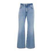 Hoge Taille Koreaanse Blauwe Jeans met Logo Patch Haikure , Blue , Dam...