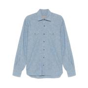 Blauwe Front Press-Stud Shirt Barba , Blue , Heren