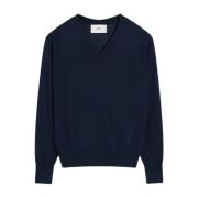 Navy Blue V-Neck Sweater Ami Paris , Blue , Heren