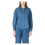 Blauw Katoenen Knoopshirt met Zakken Ichi , Blue , Dames