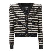 Korte gestreepte pailletten jas met 2 zakken Balmain , Black , Dames