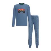 WE Fashion pyjama met printopdruk middenblauw Jongens Stretchkatoen Ro...