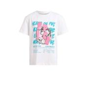 Shoeby T-shirt met printopdruk wit/roze/blauw Meisjes Katoen Ronde hal...