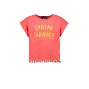 B.Nosy T-shirt met tekst en franjes koraalroze Oranje Meisjes Stretchk...