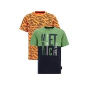 WE Fashion T-shirt - set van 2 oranje/groen Jongens Katoen Ronde hals ...