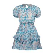 Vingino jurk Paxie met all over print en volant helderblauw/lichtroze ...