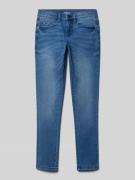 Slim fit jeans van zachte katoenmix met verstelbare breedte aan de bin...