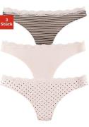 Lascana String van elastische katoen met delicate kant (3 stuks)