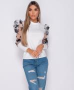 Parisian Floral flock print puffed sleeve high neck tops