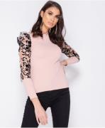 Parisian Sheer flock print organza sleeve high neck top roze